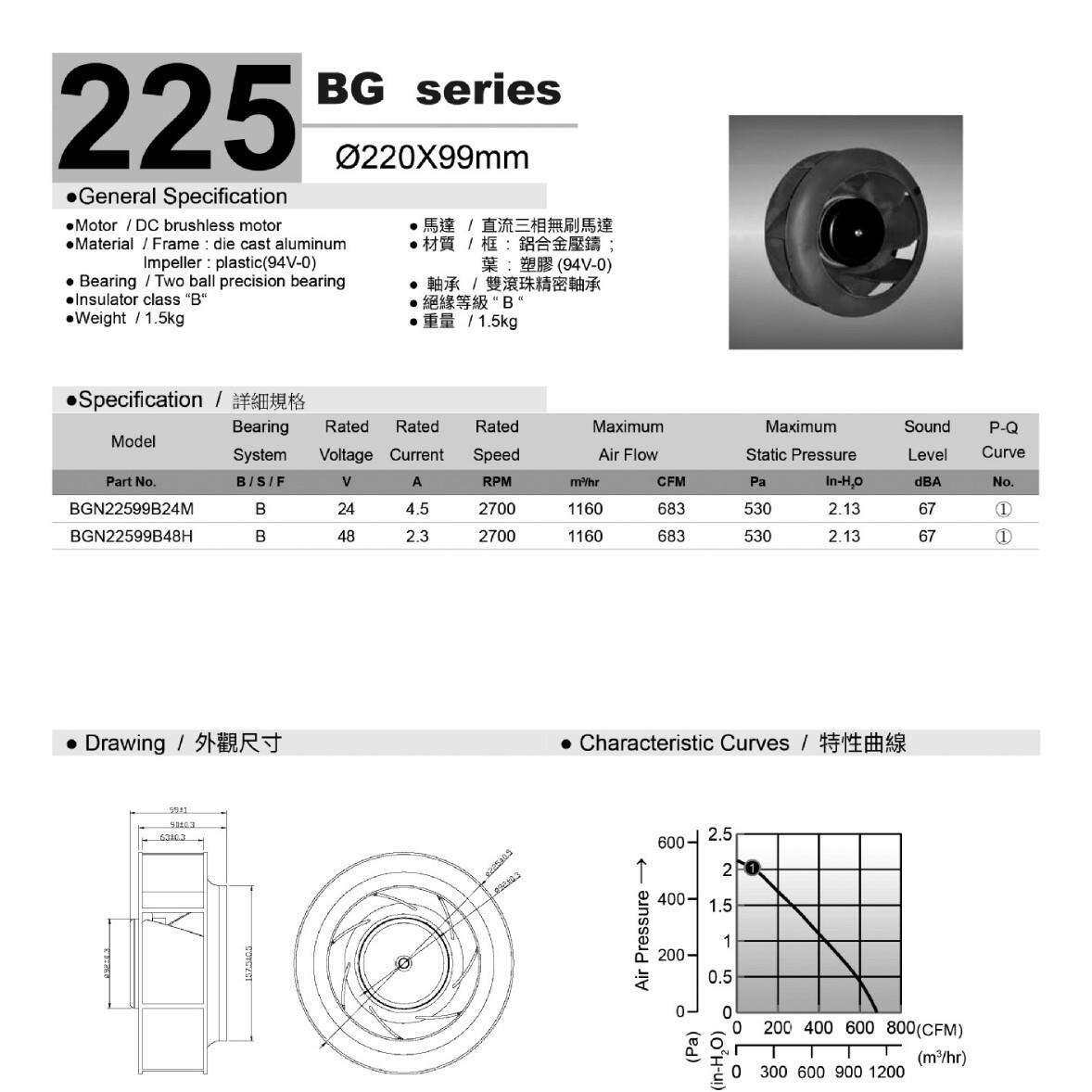 DC直流后向离心风机BGN22599B48H空气净化器设备散热风扇