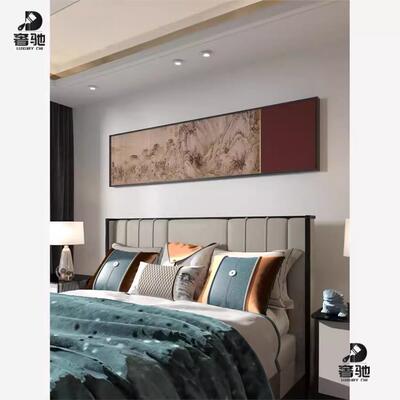 新中式中国风山水红色轻奢高档客厅装饰画卧室床头壁画横版挂画