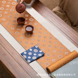 家用茶室禅意茶台桌布茶席套组 一品造物织锦唐花双面防水桌旗中式