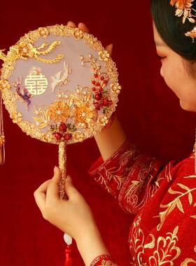 团扇结婚新娘蒲扇秀禾服中式扇子古风手工双面刺绣红色喜扇成品扇