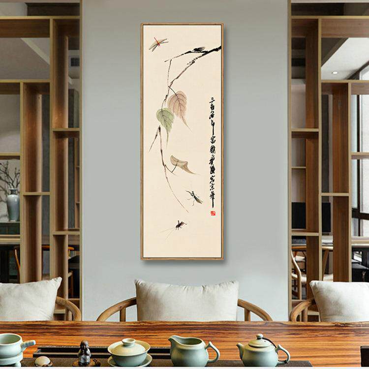 齐白石贝叶草丛新中式花鸟画装饰画客厅茶室书房玄关竖版入户挂画