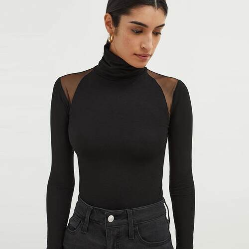 Women's high neck long sleeved mesh patchwork elastic