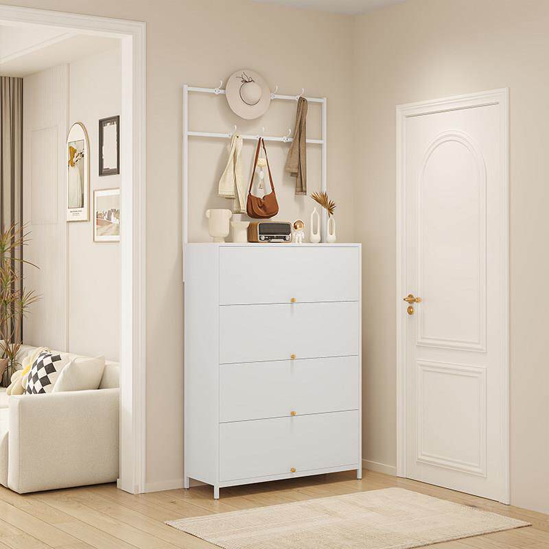 简约现代钢制鞋柜带衣帽架一体式落地多功能大容量多层防尘收纳架