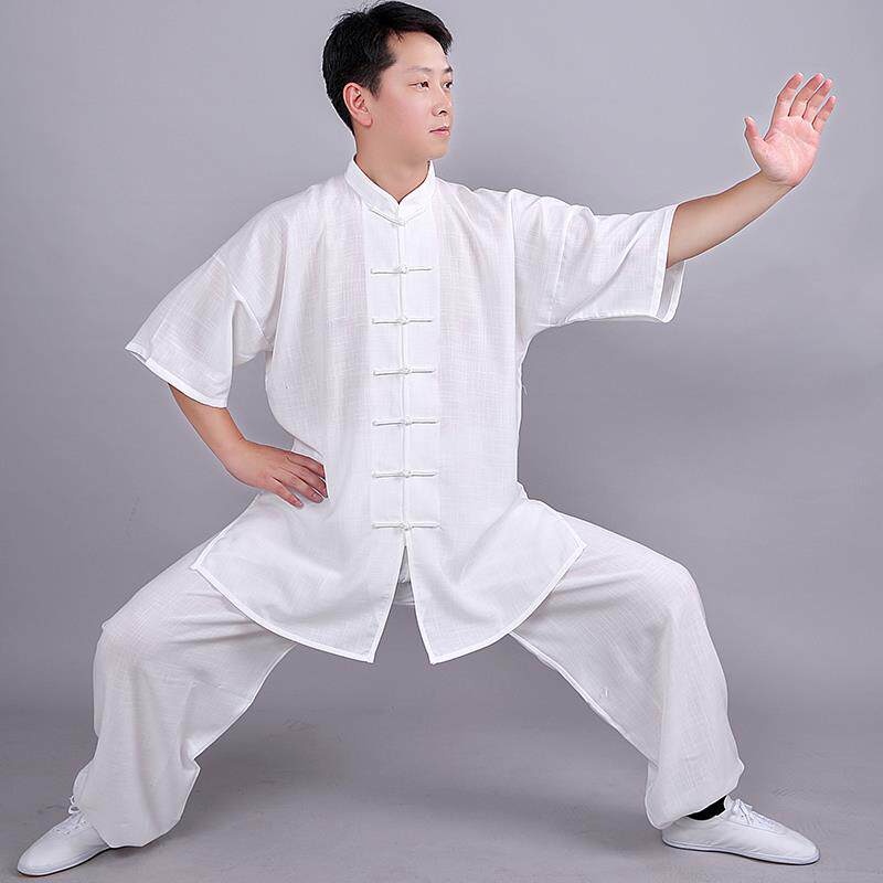 太极服男2025新款亚麻棉麻短袖夏装女中老年练功服太极晨练表演服