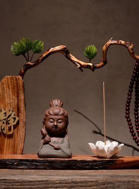 高档创中玄关博古达架紫砂摆件意禅意小和尚 式家居装饰陶瓷摩工