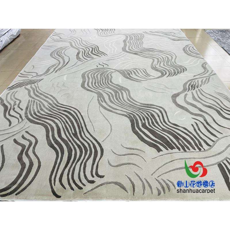 现代简约灰色条纹格子中式客厅茶几沙发地毯大厅接待室贵宾室满铺
