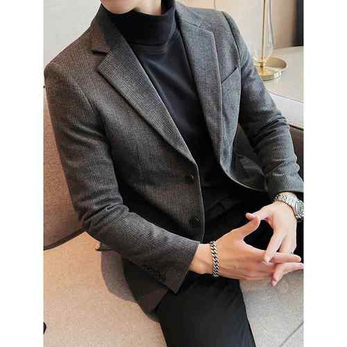 深色条纹休闲西装夹克男士秋冬加厚单件西修身商务高端西装1218e