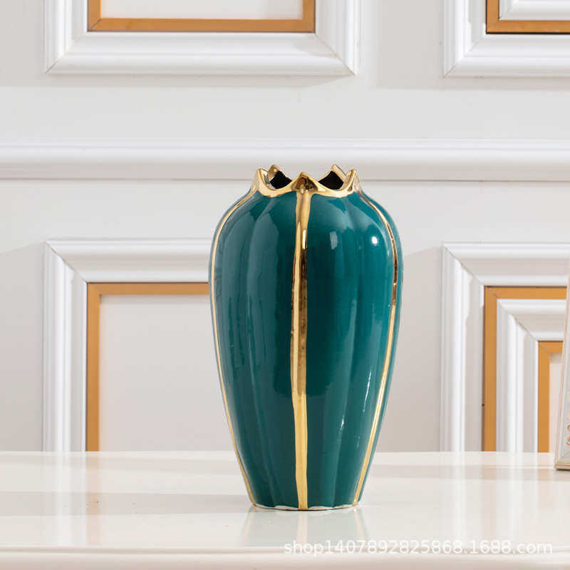北欧镀金边台面南瓜造型陶瓷花瓶ins风轻奢绿色花器艺术风摆件,家居饰品,花瓶,淘宝优惠券,粉丝福利购,淘宝优惠卷
