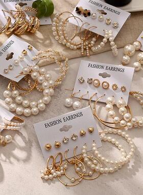 Fashion gold hoop earrings ladies pearl punk earrngs set耳饰