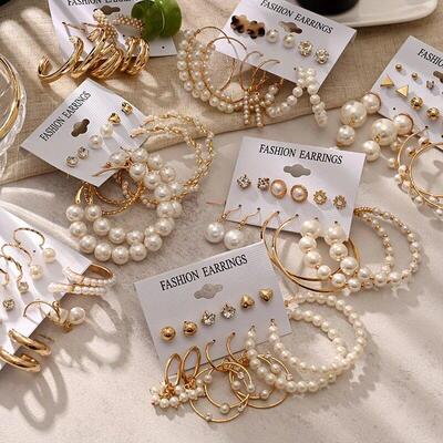 Fashion gold hoop earrings ladies pearl punk earrngs set耳饰