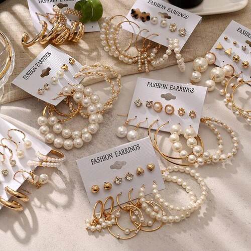 Fashion gold hoop earrings ladies pearl punk earrngs set耳饰