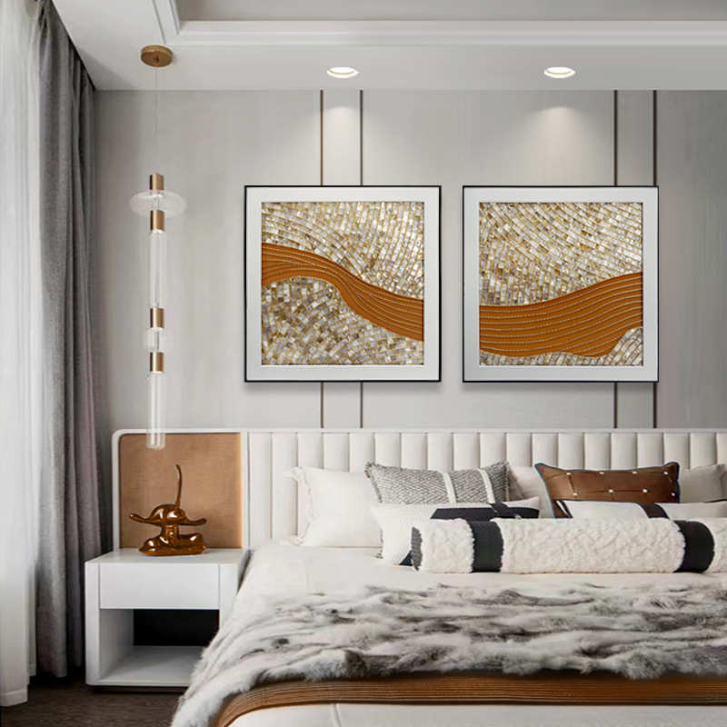 客厅现代时尚装饰画手工贝壳金色链轻奢入户酒店大堂立体挂画直销图片