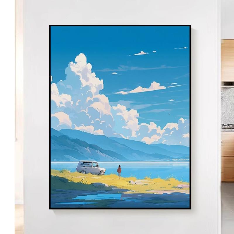 北欧小众大海风景沙发背景墙装饰画宫崎骏风卧室床头走廊挂画