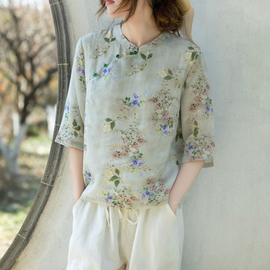 出口外贸夏季中国风文艺立领印花复古中式棉质套头衬衫女衬衣