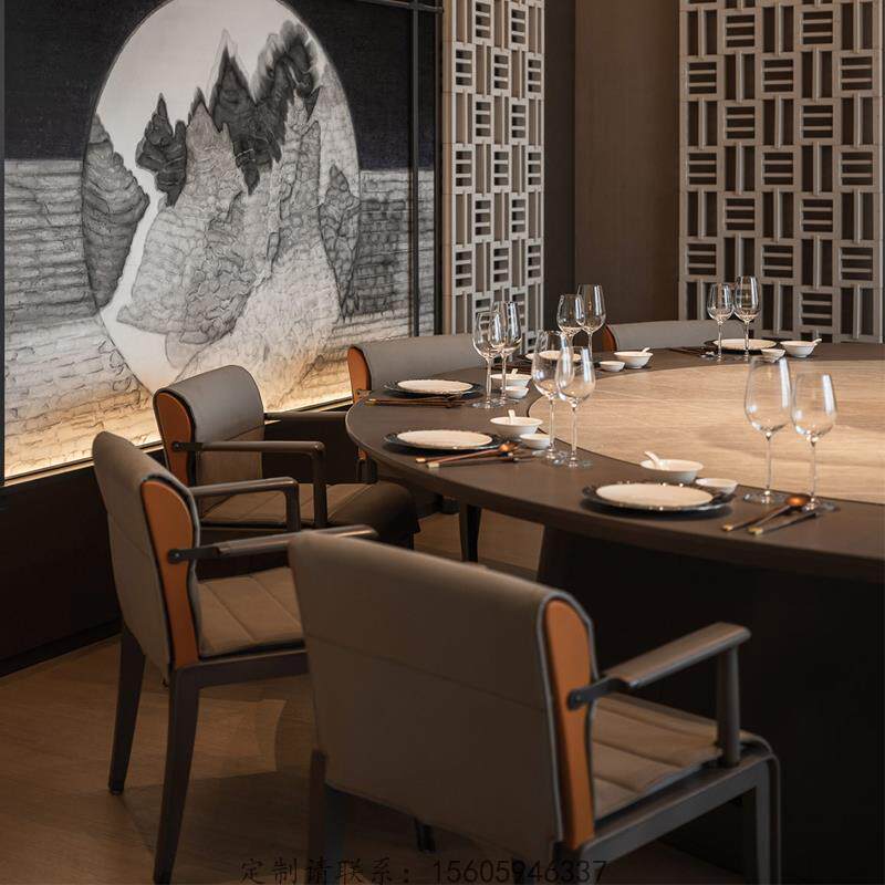 5圆V酒店桌电餐动桌岩板转盘椅内嵌实F77TS69M木桌组合轻奢20人包