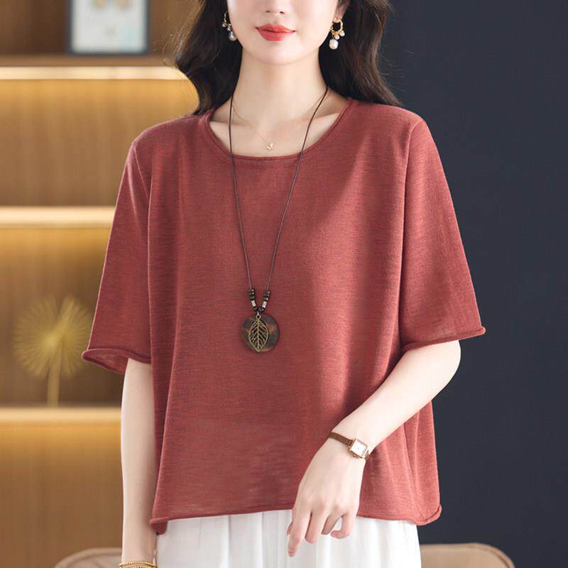 夏季新款短袖冰丝针织衫女加大码胖mm装慵懒风上衣宽松短款T恤衫