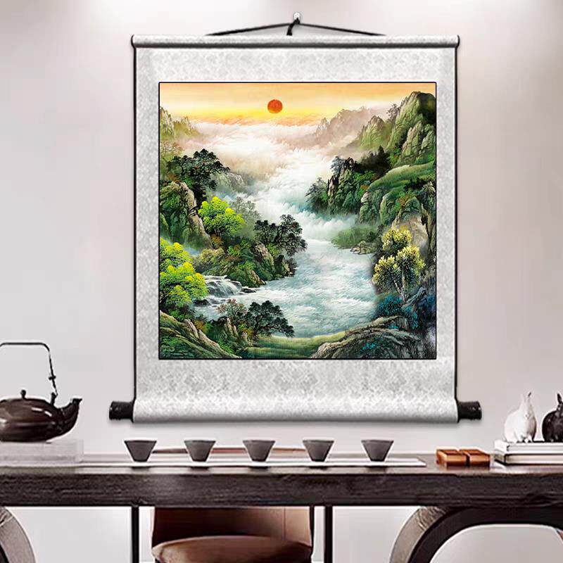 斗方正方形泰山日出东方山水挂画客厅风水装饰画玄关入户风景国画