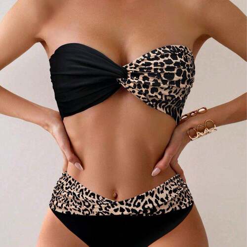 Leopard Print Two-Way Wear Swimsuit Style Bikini Set With