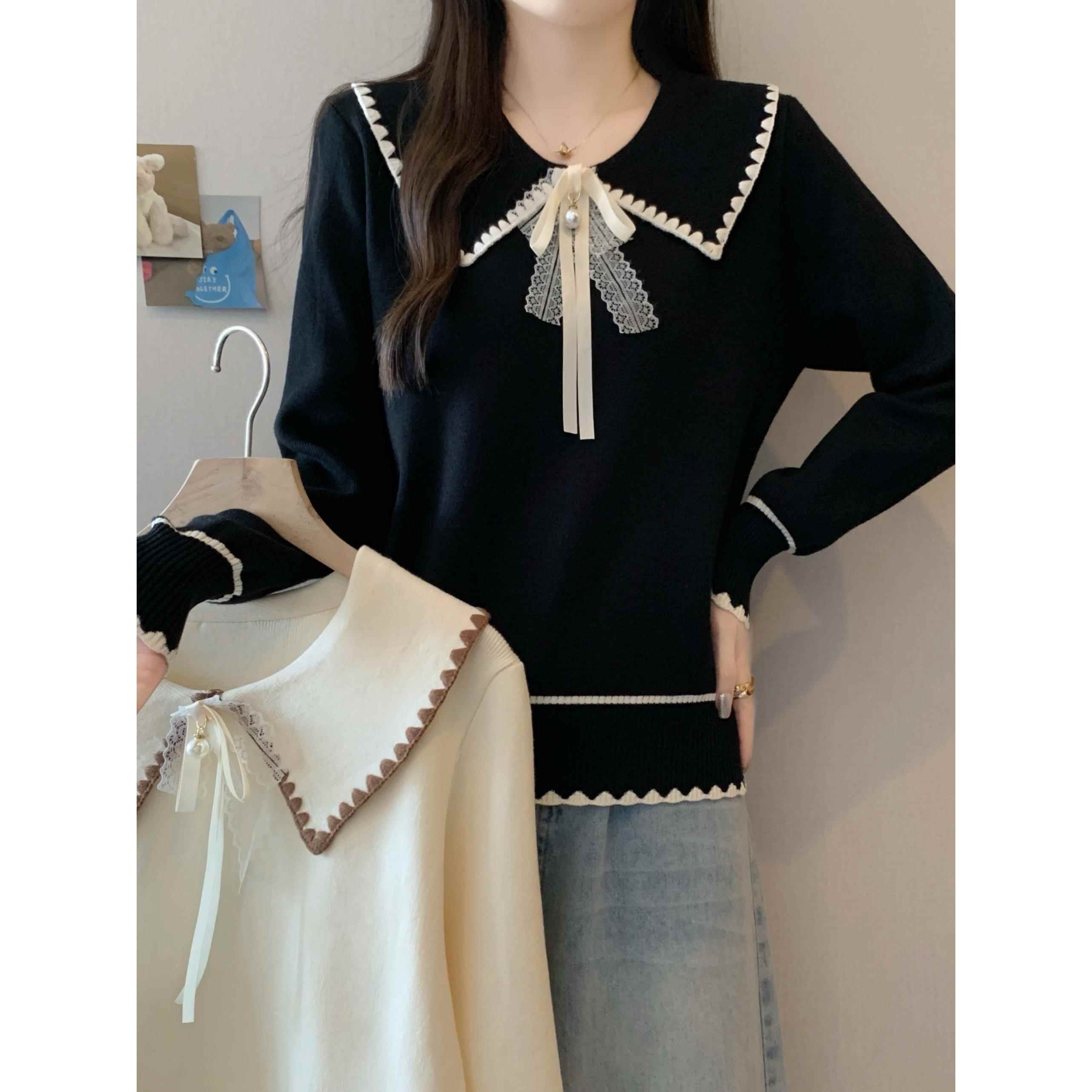 秋冬大码女装80-200斤娃娃领撞色针织上衣女宽松显瘦减龄毛1204z