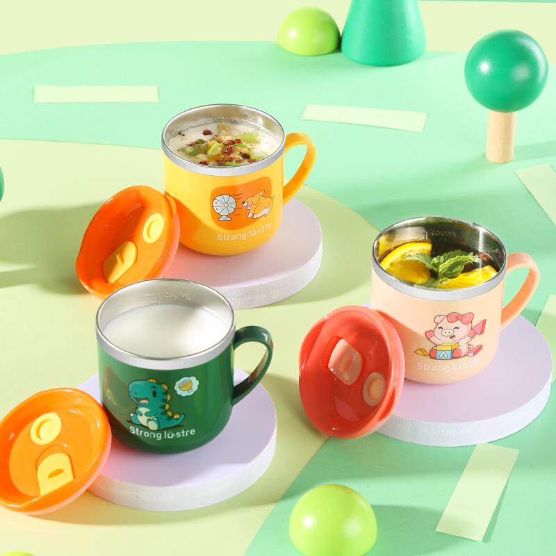 316不锈钢儿童牛奶杯 带刻度双层宝宝学饮杯吸管杯泡奶喝水直饮杯