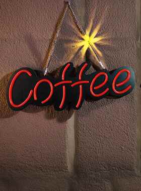 跨境热销coffee造型咖啡厅氛围装饰灯营业灯黑色背景板LED霓虹灯