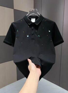 花卉刺绣黑色短袖polo衫男潮牌痞帅带领t恤2026夏季新款男士0615k