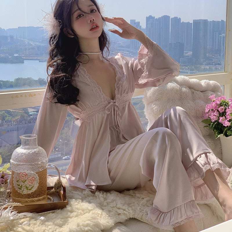 夏季冰丝睡衣女吊带长裤外套开衫性感三件套缎面蕾丝带胸垫家居服