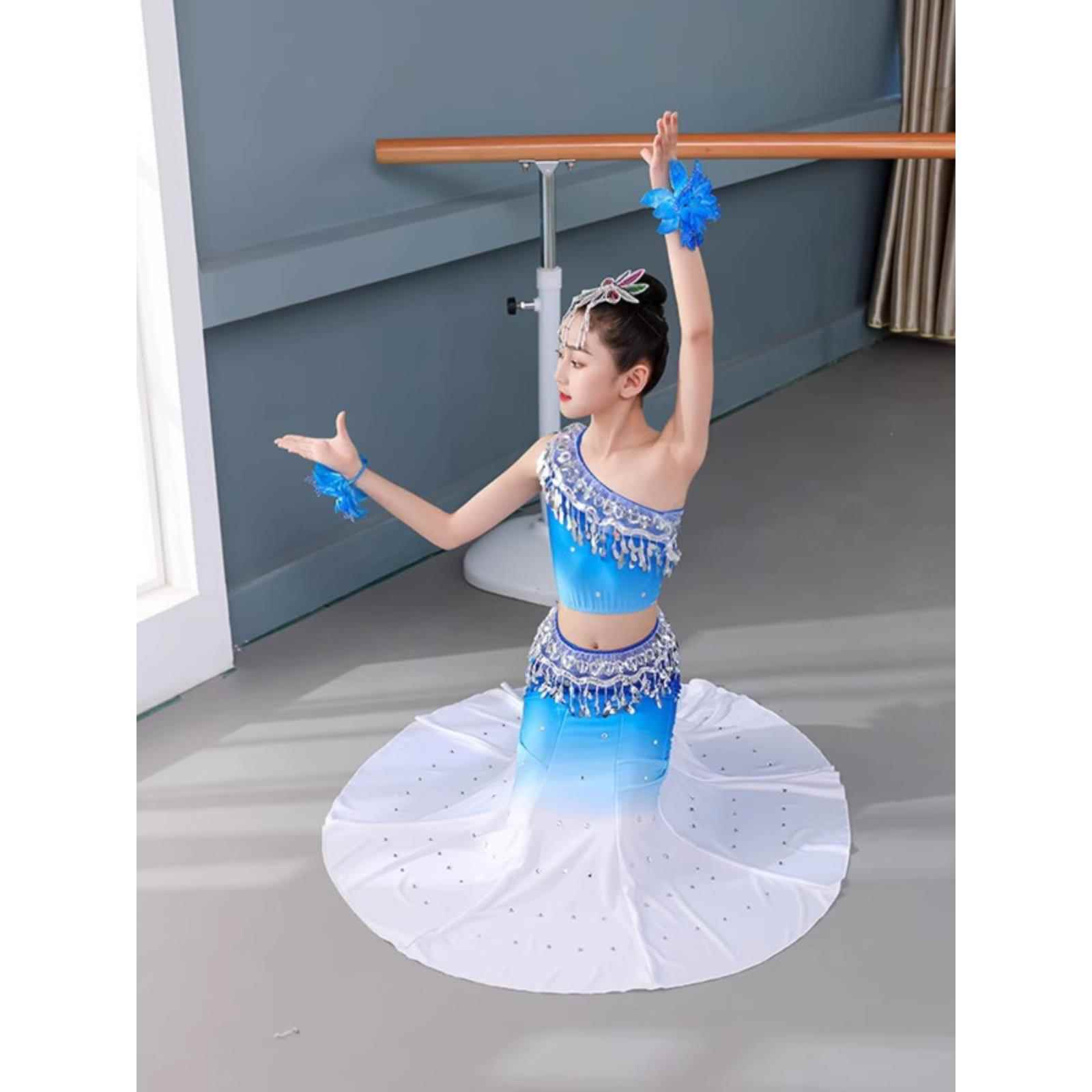 正品六一裙新款傣儿童演出服鱼尾女童学生练习孔雀舞表演服族裙艺