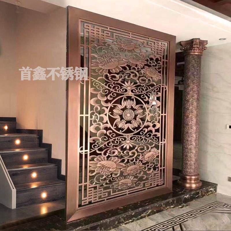 不锈钢屏风隔断玄关办公室装饰入户门镂空现代轻奢新中式山水厂家