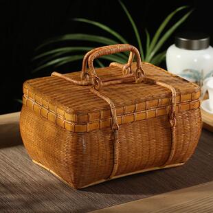 手工令竹竹编夏梦带内衬收纳茶箱户外手提竹篮覆古精编人藤箱竹箱