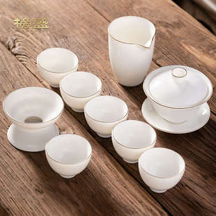 家用办公2025新款 羊脂玉功夫茶具套装 轻奢高档泡茶壶白瓷盖碗茶杯
