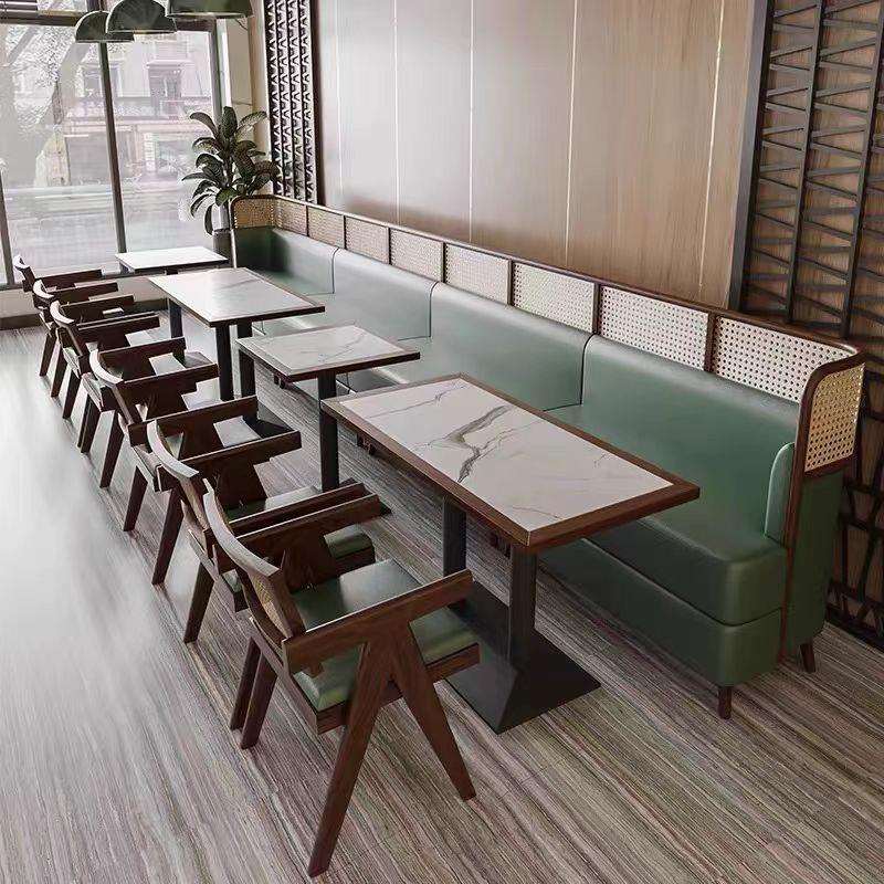 网红复古奶茶店桌椅组合实木藤编休闲咖啡馆茶餐厅民宿商用餐椅