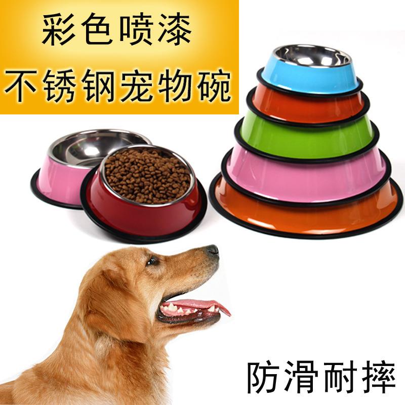 不锈钢宠物碗防滑五彩喷漆卡通印花单碗狗碗狗饭盆猫碗耐摔宠物碗