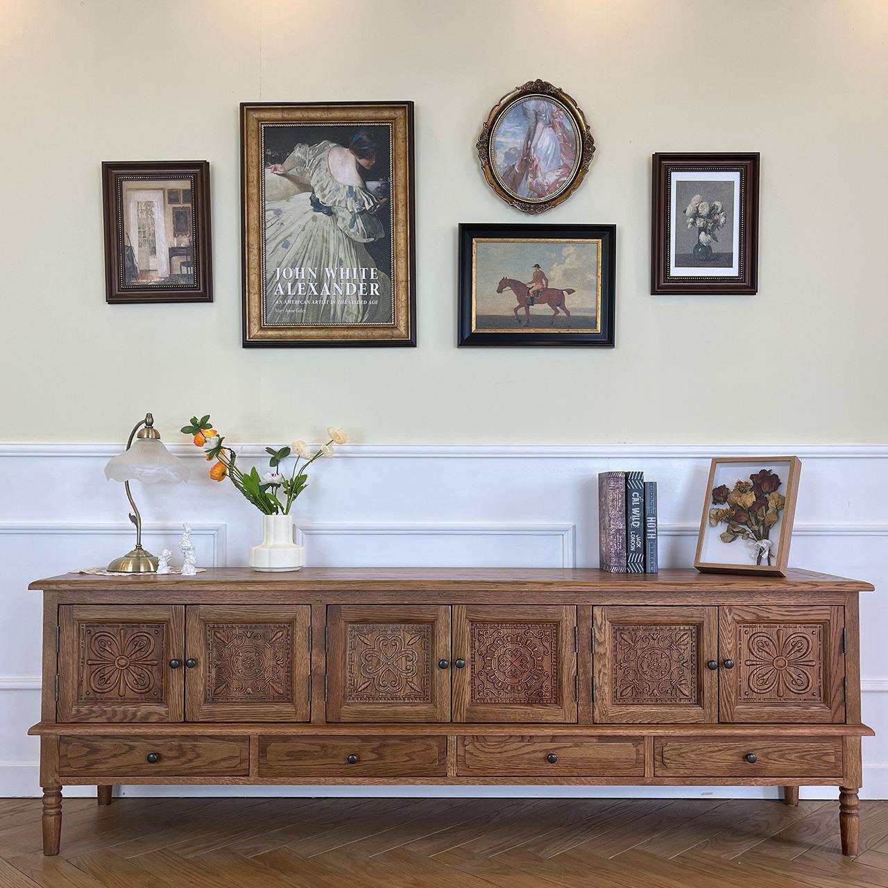 北美乡村实木雕花电视柜组合复古田园风橡木客厅收纳柜民宿长地柜