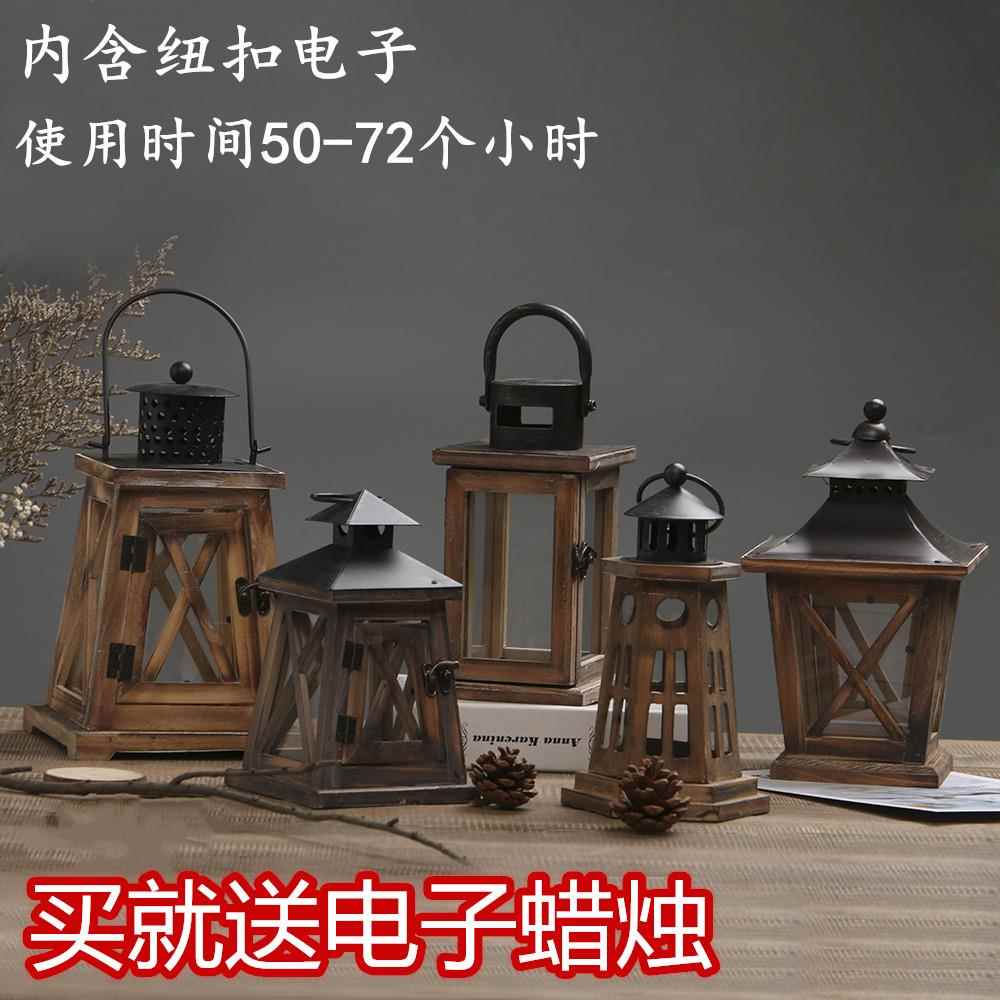 美式覆古烛台做旧实木防风灯烛台铁艺烛台防风灯餐桌装饰品家居摆