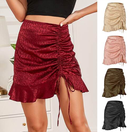 Satin skirt, short skirt, high waisted zipper drawstring,