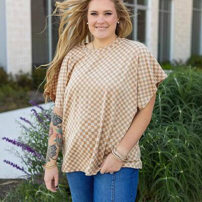 Size】 Plaid Print Round Neck Tee Casual Short Sleeve Crew