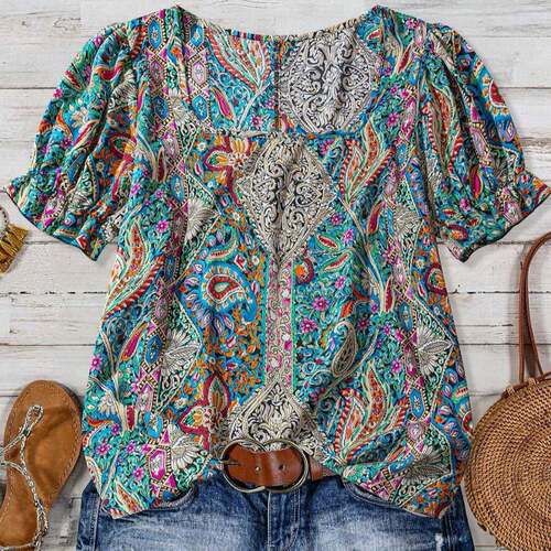 Paisley Print Curved Hem Blouse Shirts Boho Casual Short