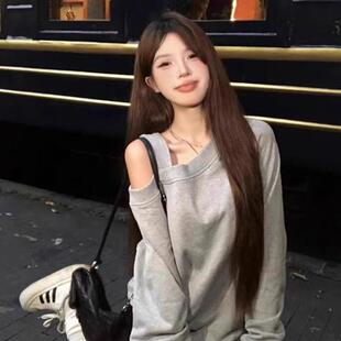 韩国EGG JRG辣妹斜肩长袖卫衣女秋季2025新款设计感慵懒露肩上衣