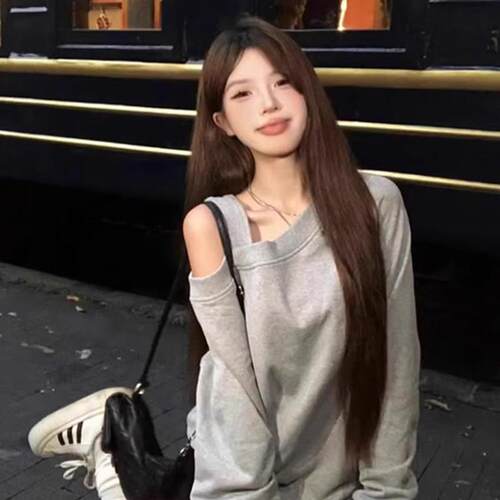 韩国EGG JRG辣妹斜肩长袖卫衣女秋季2025新款设计感慵懒露肩上衣