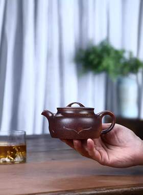 宜兴紫砂茶具原矿段泥紫砂壶高温柴烧茶壶名家精工制作禅莲壶