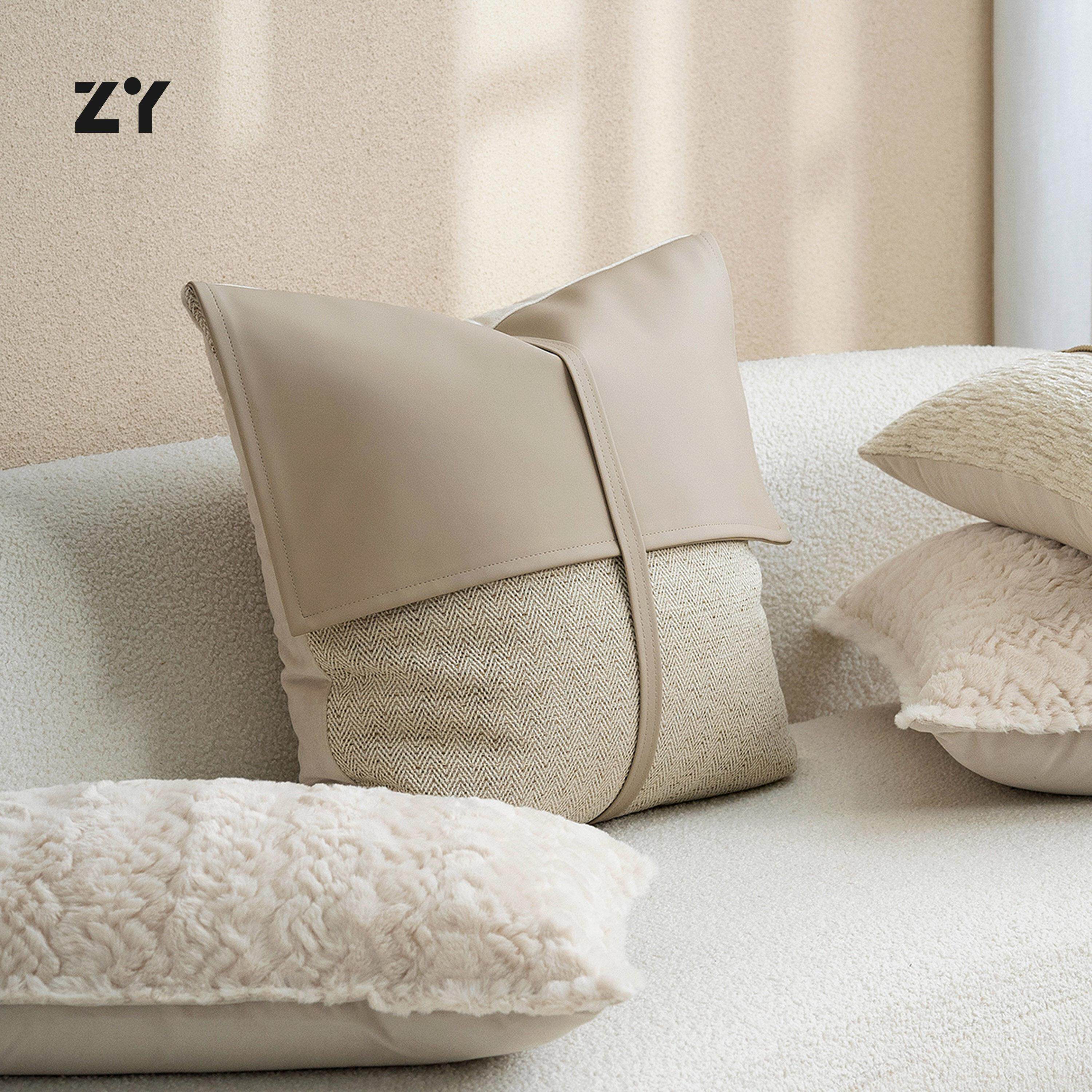 致悦【现代】米色沙发抱枕靠枕套高级皮革拼接靠垫样板间简约靠背