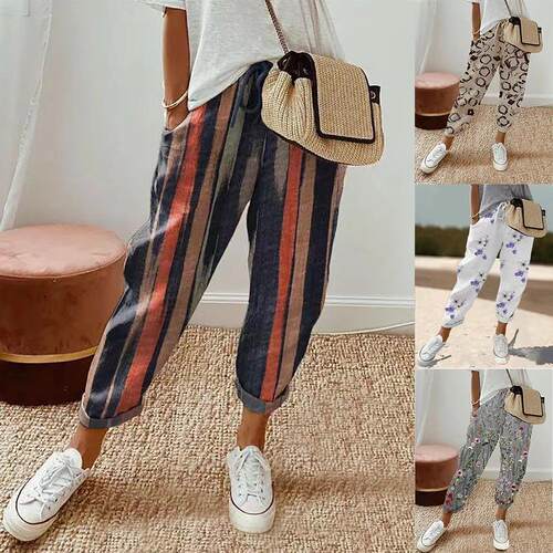 Women's printed cotton and linen craft pocket pants and