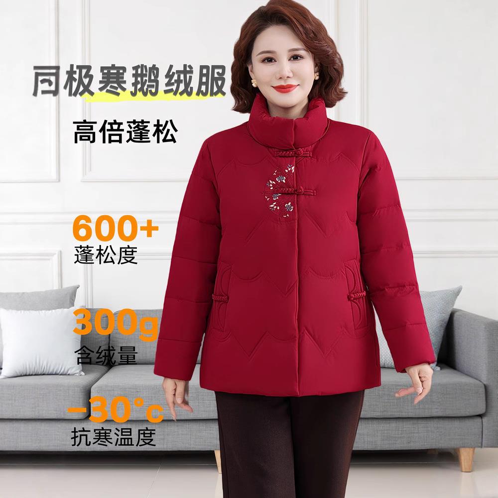 正绒品鹅绒羽服短款大码冬季中老年女89—8866士婆婆中国风红喜色
