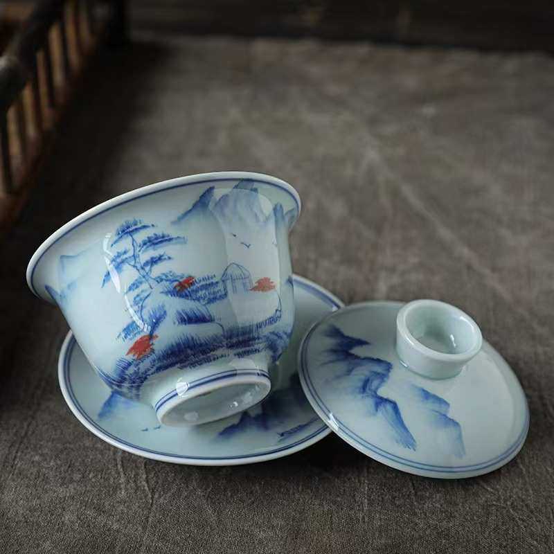 青瓷青花手绘盖碗仿古手绘陶瓷家用泡茶碗敬茶碗功夫茶具三才盖碗,餐饮具,盖碗,淘宝优惠券,粉丝福利购,淘宝优惠卷