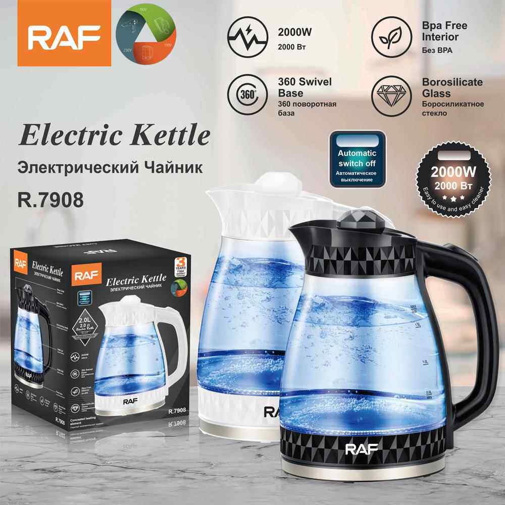 RAF欧规跨境透明玻璃2L电热水壶自动大容量多功能水壶过热保护