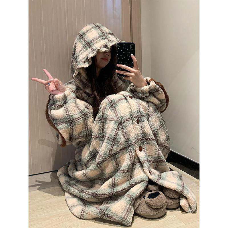 韩版少女珊瑚绒睡衣女款秋冬季睡裙加厚保暖法兰绒连帽家居服睡袍