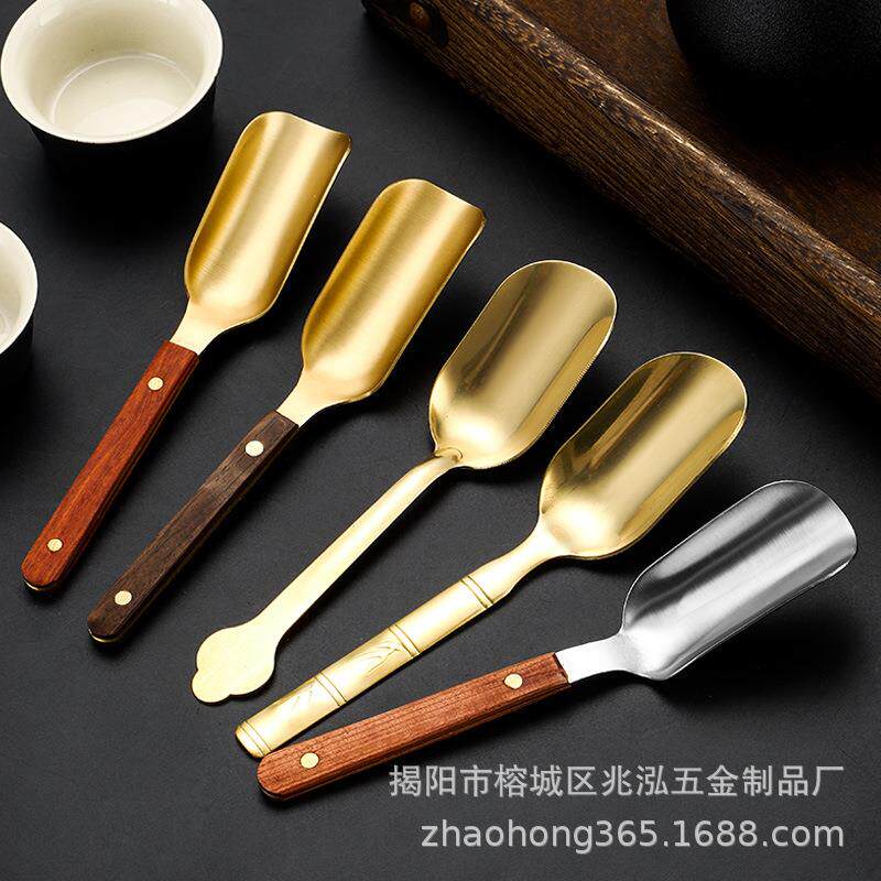 实木竹节茶勺茶叶铲勺功夫茶具茶道六君子配件取茶器纯铜茶匙