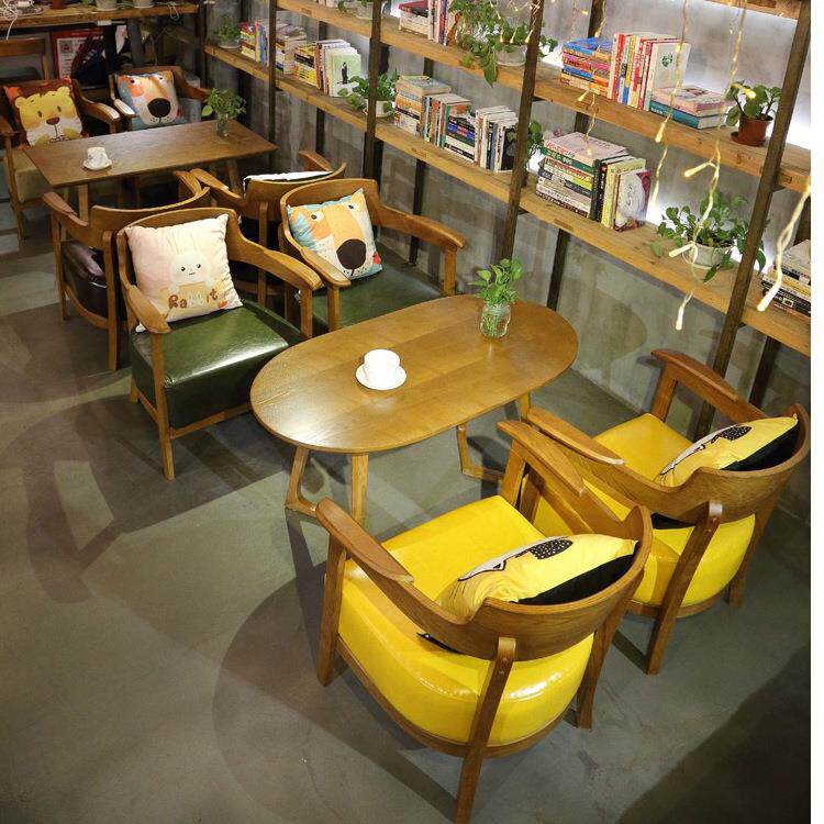 甜品奶茶店咖啡厅桌椅休闲书吧休息区洽谈休闲实木围椅茶几组合