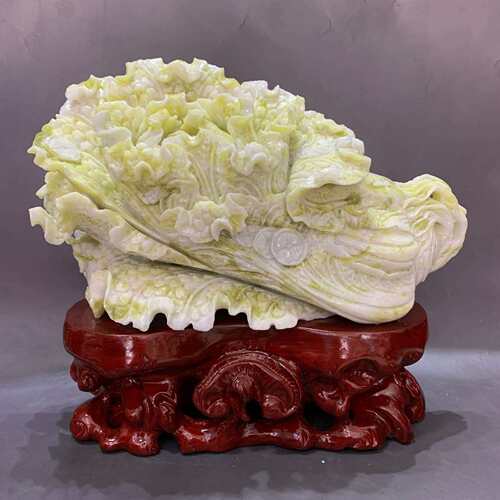 玉器工艺品 岫玉白菜摆件 商务办公家居装饰品摆饰送底座